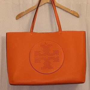 TORY BURCH Orange Pebbled Leatber Perforated Logo Tote Bag Purse Inner Wallet